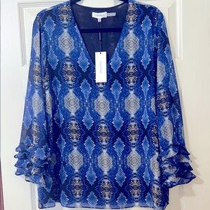 Calvin Klein Blue and Black V-Neck Blouse.  New With Tags